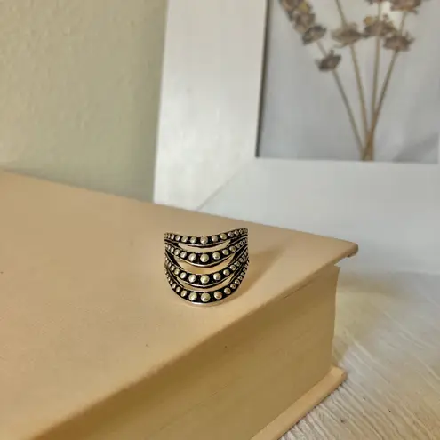 Vintage Knuckle Oxidized Ball Ring “Bronya” Four Shank Chevron Swoop Boho Goth Jewelry Silver