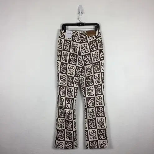 NWT House Of Sunny All You Need Is Love Peace Sign 70s Flare Pant Size 8 Vintage Brown