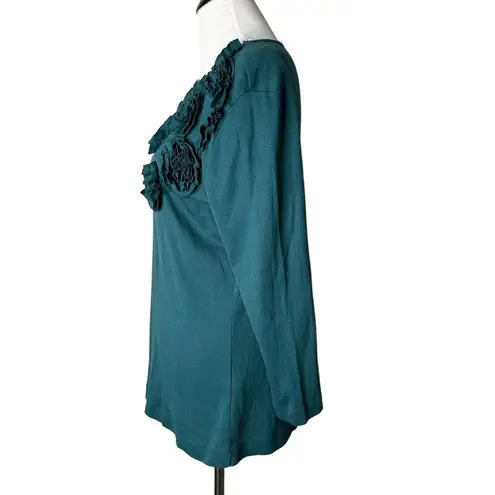 Van Heusen Floral Applique Top Womens L Green Ruffle Feminine Romantic Blouse