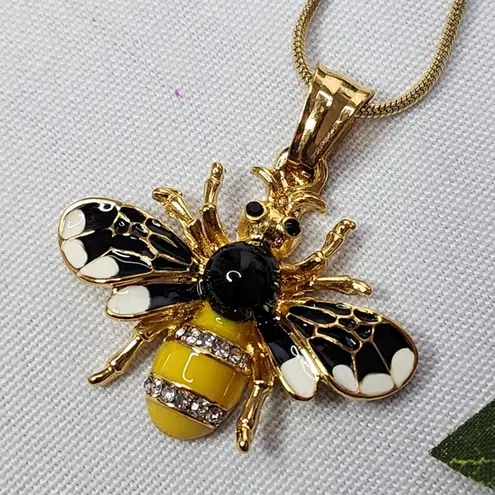 Gold Bee Enamel and CZ Pendant with Gold Steel Chain Necklace New