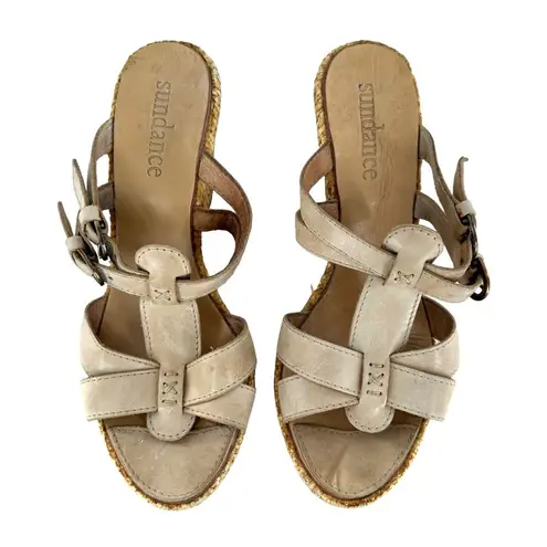 Sundance Beige Leather Open Toe Woven Wedge Heel Slides Size 38 Sandals Tan