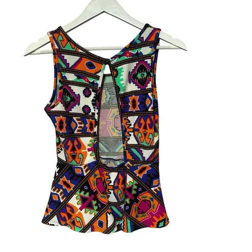 Y2K Peplum Going Out Geometric Patterned Cut Out Back Top Medium DEB Orange