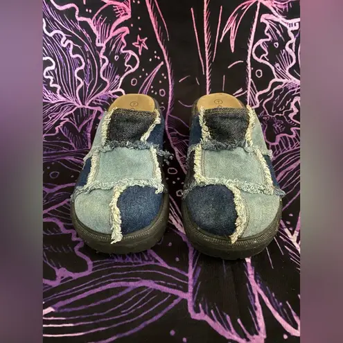 Lower East Side EUC  Vintage Y2K Denim Patchwork Slip on Platform Clogs Size 7