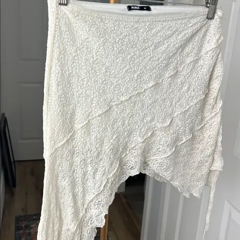 Minga London Y2K Audrey Lace Boho Grunge Asymmetrical Skirt White Medium