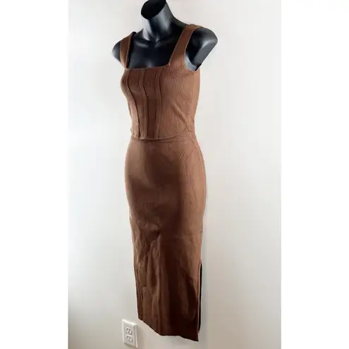 Miou Muse Knit Set Cropped Corset Top High Rise Midi Skirt Brown Small