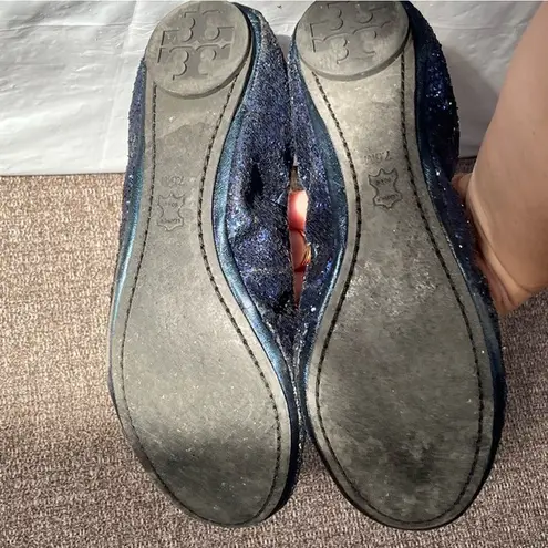 Tory Burch  Blue Sparkle Ballet Flats Womens Size 7.5 Leather Sole Slip‎ On Logo