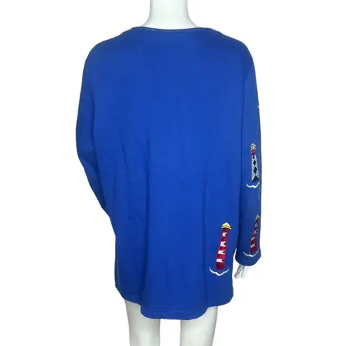 Quacker Factory Sweater Womens Medium Cardigan Blue Lighthouses Nautical Vintage