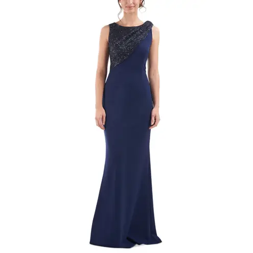 JS Collections Sequined Sleeveless Long Evening Gown Navy Blue Size 16 A-Line