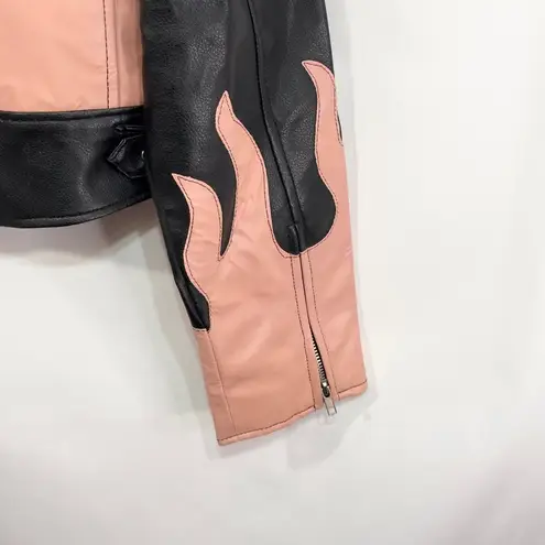 VTG Diamond Plate Womens Large Faux Leather Jacket Black Pink Flame Moto Biker D