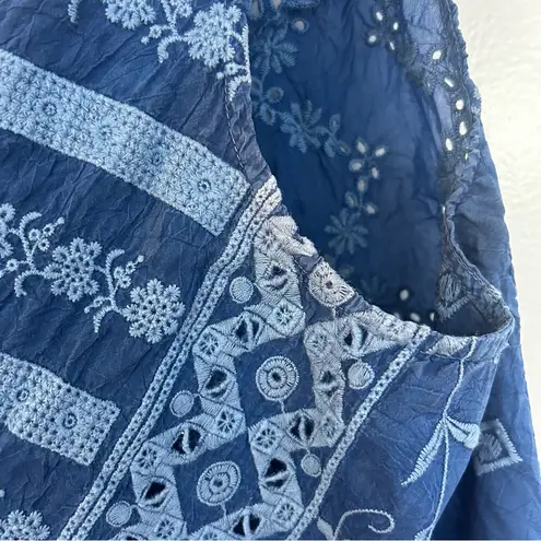 Johnny Was Nye Blue Eyelet Embroidered Sleeveless Button Up Tank/Blouse Large