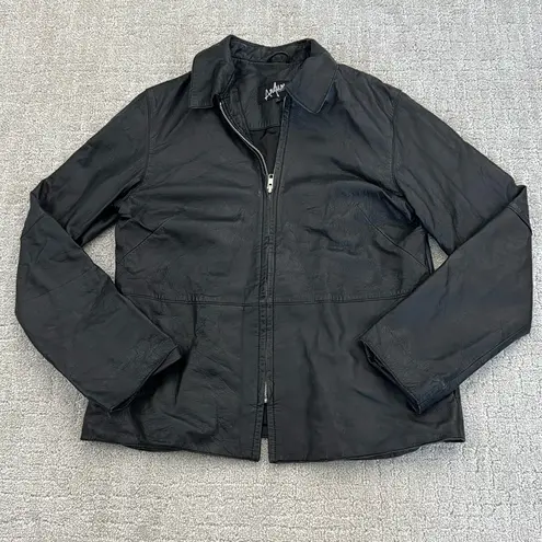 VTG black Leather Coat jacket zip up collared vintage 100% genuine fully lined Size L