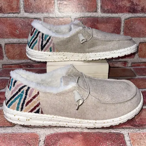 Hey Dude Pre-Owned Wendy Funk Wool Beige Canva Slip On Faux Fur Shoe Size 9 Casu