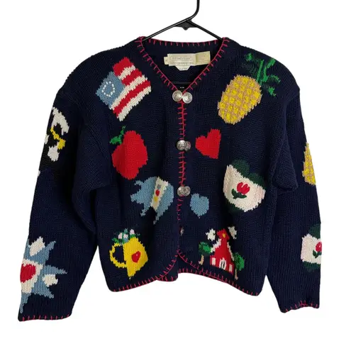 Vtg 1990 The Eagles Eye Cropped Cardigan Sweater Womens M Blue School USA Fruit Size M