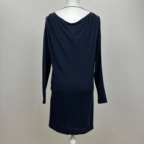Hanii Y Wool Dress Long Sleeve Draped Navy Blue Round Neck Minimalist Medium.