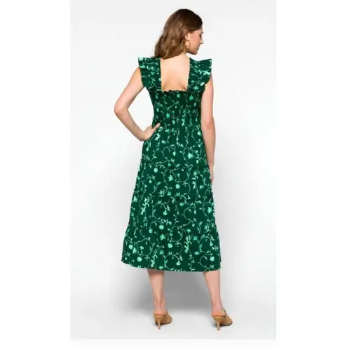 Hill House  Home The Ellie Nap Midi Dress‎ Green Botanical Smocked Ruffle Sz XS