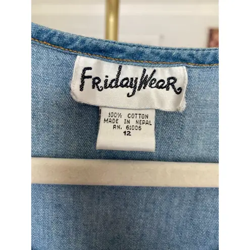 Vintage Friday Wear 100 Cotton Vest Embroidered Cottagecore Boho Prairie Western Blue Size 12