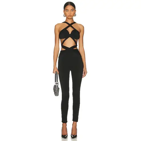 PatBO Lurex Cut Out Jumpsuit Black Strappy Cat Suit Size 4 $595 Black