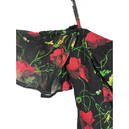 GREY by Jason Wu Black Floral Chiffon Silk Off Shoulder Midi Dress Size 6