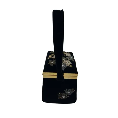 *Vintage Velvet Purse Floral Gold Beaded Square Snap Close Opera Cocktail Bag Black