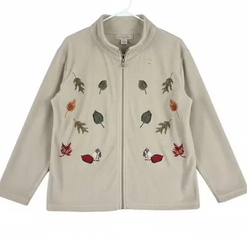 Nick & Sarah Zip Up Fleece Jacket Womens 1X Plus Size Beige Embroidered Leaves Tan
