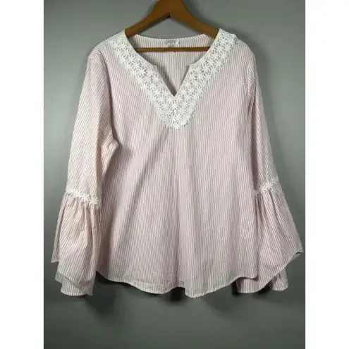 Spence Pink White Striped Top 3/4 Sleeve Floral Lace‎ Embellished Blouse Size L Size L