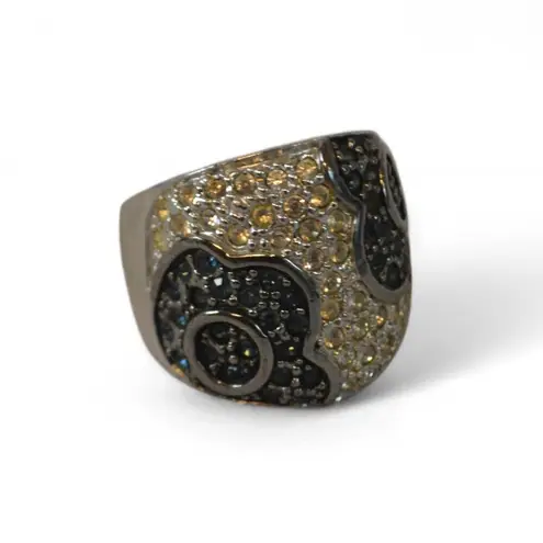 Statement Cocktail Ring Gold Tone + pavé Black & Clear Crystal Floral Design 7
