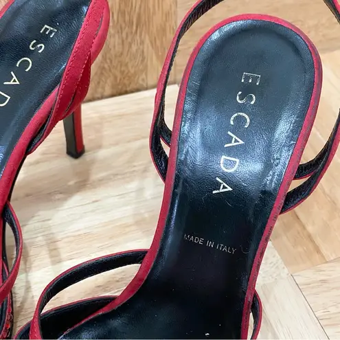 Vintage ESCADA Red Satin Embellished Pointy Toe Sling Back High Heels Pump 37 Size 6