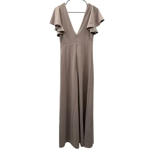 Birdy Grey Birdy Gray Hannah Flutter Sleeve Crepe Bridesmaid Maxi Dress Sz M in Taupe‎ NEW