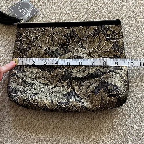 NEW Ulta Beauty Cosmetic Case Bag 8” x 9.75” Gold Black Suede Pattern Tassel NWT