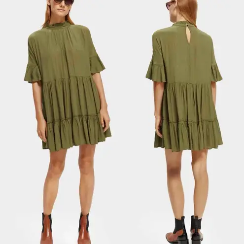 Scotch & Soda Ruffle Tiered Short Sleeve Mini Dress Size Medium US 8 Army Green