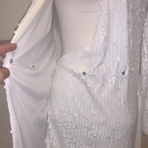 River Island White Sequin Wrap Dress Long Sleeve Velour Belt Mini