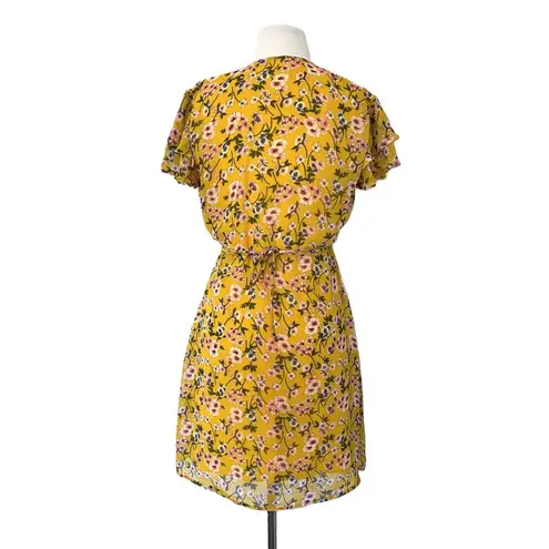 Harper Heritage  Dora Yellow Floral Ruffle Mini Short Sleeve Lined Wrap Dress M