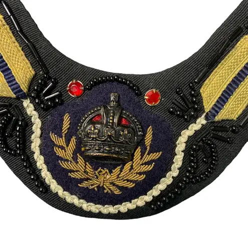 Handmade Vintage Bib Necklace British Crown Beaded Unique 1970s Fabric Black