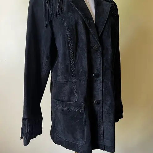 Vintage 70s Style Genuine Leather Fringe Jacket Black Suede Western Boho Large