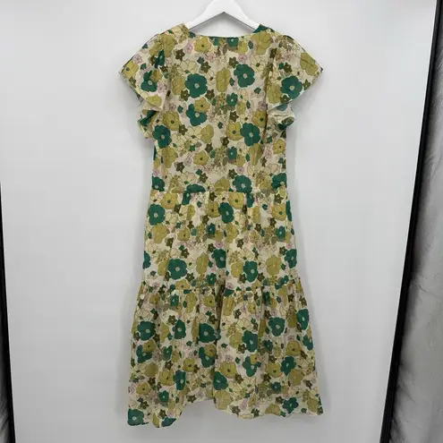 Trovata Birds Of Paradis Kristi Floral Dress Button Midi Bungalow Floral XS Boho Green