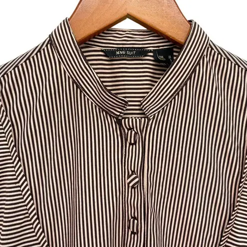 Mango  Womens Top Brown Striped Button Front Band Collar Puff Sleeve Shirt