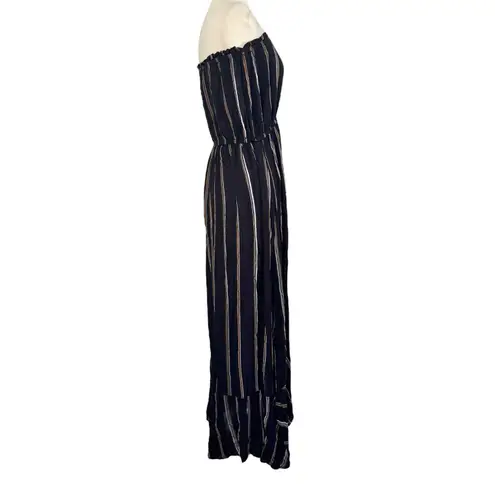 Elan Strapless Striped Black Maxi Cover-Up Summer Dress High Front Slit Size M