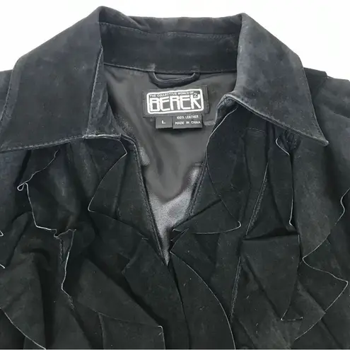 VINTAGE Berek Black Suede Leather Jacket Ruffle Neckline Button Front Size Large