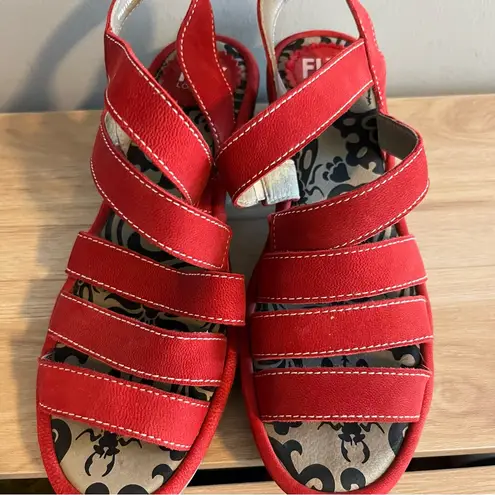 Fly London Sandal Womens Size 37 US 6.5-7 Lipstick Red Print Comfort Heels