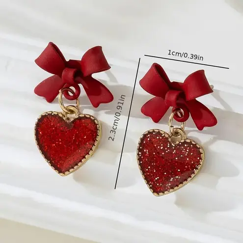 NEW Red Coquette Bow Heart Dangle Earrings Gold Trim Glittery Red Heart Jewelry