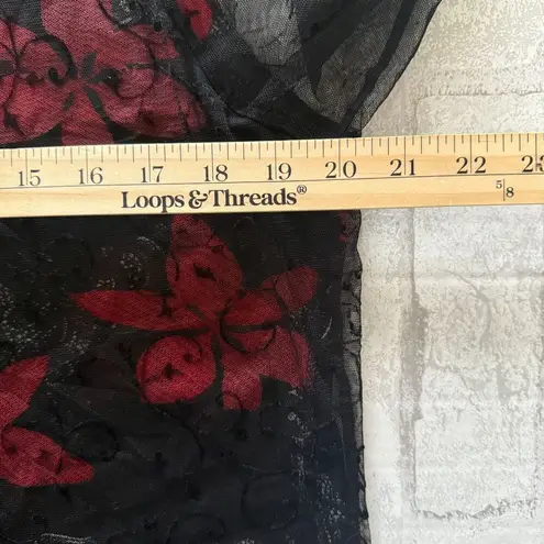 Women's Red Black Floral Mesh Ruffled Crewneck Witchcore Lace Top No Sz Size undefined