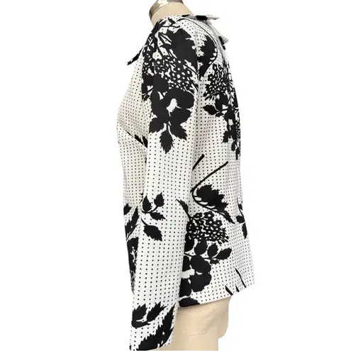Vintage Sears 70s Black White Floral Polka Dot Dagger Collar Blouse, Disco Style Size M
