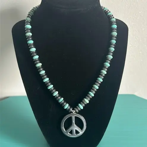 New Hand Crafted Hematite and Howlite Bead Necklace with Peace Sign Pendent Blue