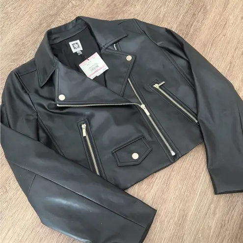 Anne Klein  Faux Leather Black Cropped Moto Jacket Size US 10 NEW