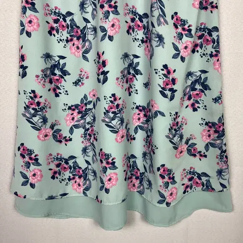 Pink Rose Floral Sleeveless Shift Dress Blue Pink Medium Chiffon Tiered Mini Sundress