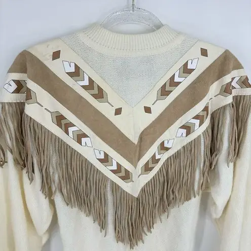 Vintage 80's Pioneer Wear Fringe Western Sweater Cream Tan Size Medium Chevron