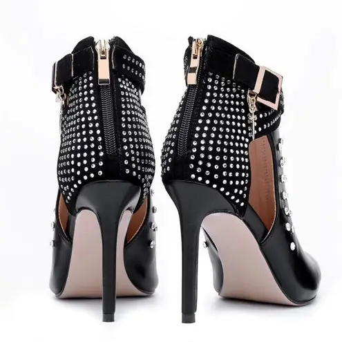 Sexy Black Rhinestone Faux Leather Stiletto Booties Size 8