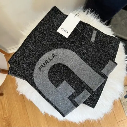 Furla Metallic Knit Scarf, Wool, Black & Gray, Reversible,Designer Luxury, NWT