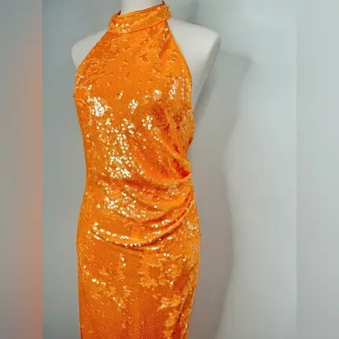 NEW Caroline Constas Bright Orange High Neck Sequin Midi Dress Size Medium