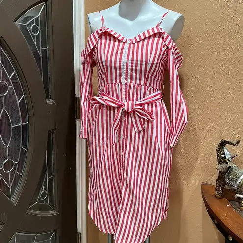 Faulux fashion striped cold shoulder button up dress Red thumbnail 2